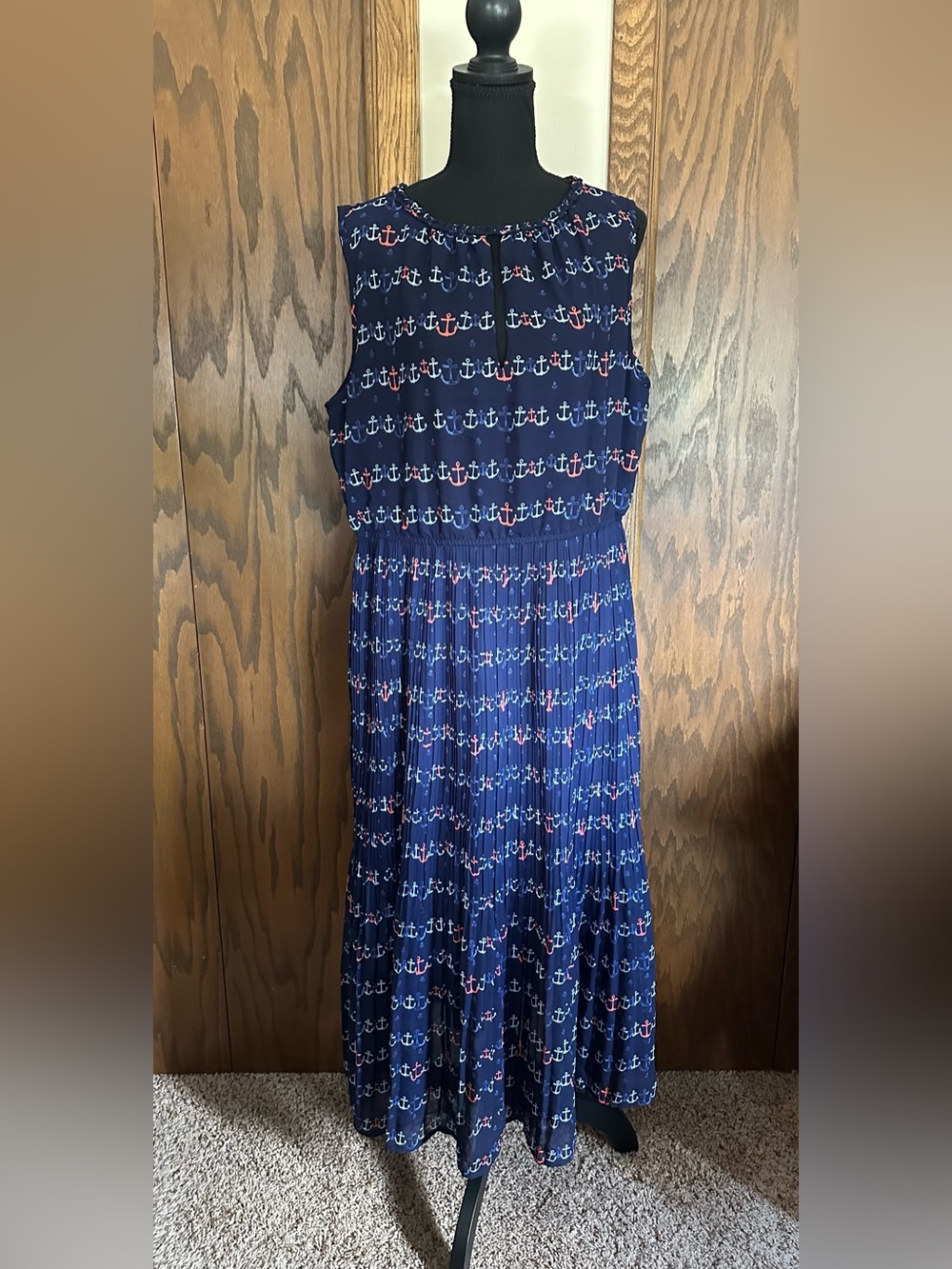 Maison Jules Navy Anchor Print Sleeveless Midi Dress